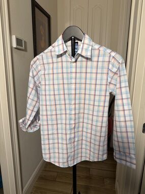 Izod White Plaid Dress Shirt with Blue & Orange Windowpane
